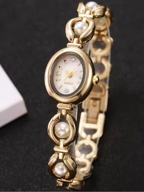 Gold Pearl Accent Women's Bracelet Watch